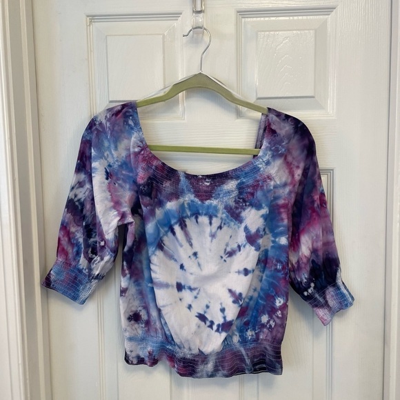H&M Divided hand crafted tie dye 3/4 Sleeves Off The Shoulder Crop Top Size 8 - Picture 1 of 7